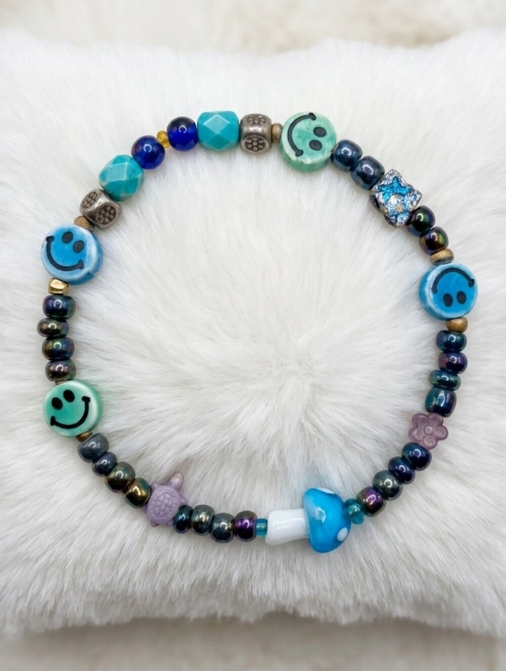 Kids Blue & Teal Smiley Bead Stretch Bracelet
